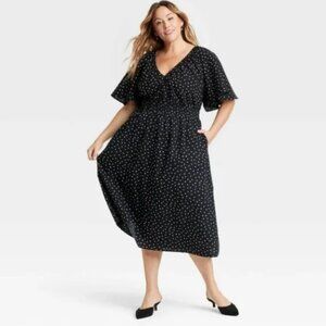 Ava & Viv Flutter Sleeve Midi Dress Black with White Hears NWT 3x Pockets!